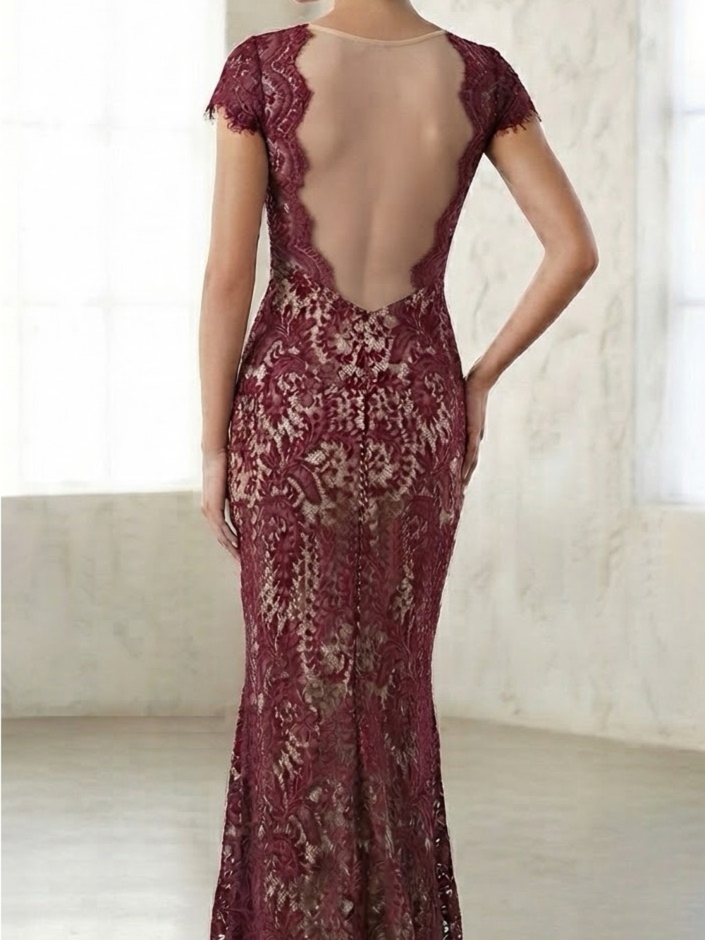 Elegant Lace Backless Evening Formal Gown in Burgundy Cottagecore Wedding Guest
